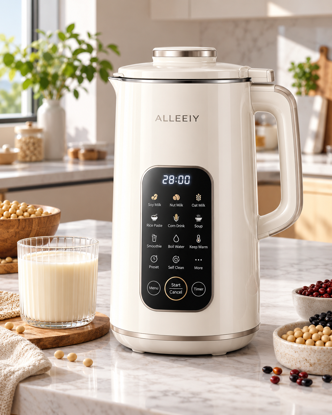 ALLEEIY® SoyPure Nova 12-in-1 Smart Soy Milk Maker – Ultra-Quiet Filter-Free Blending, No-Soak Dry Bean Grinding, 24H Preset Timer, Keep-Warm & Auto Self-Cleaning ✨