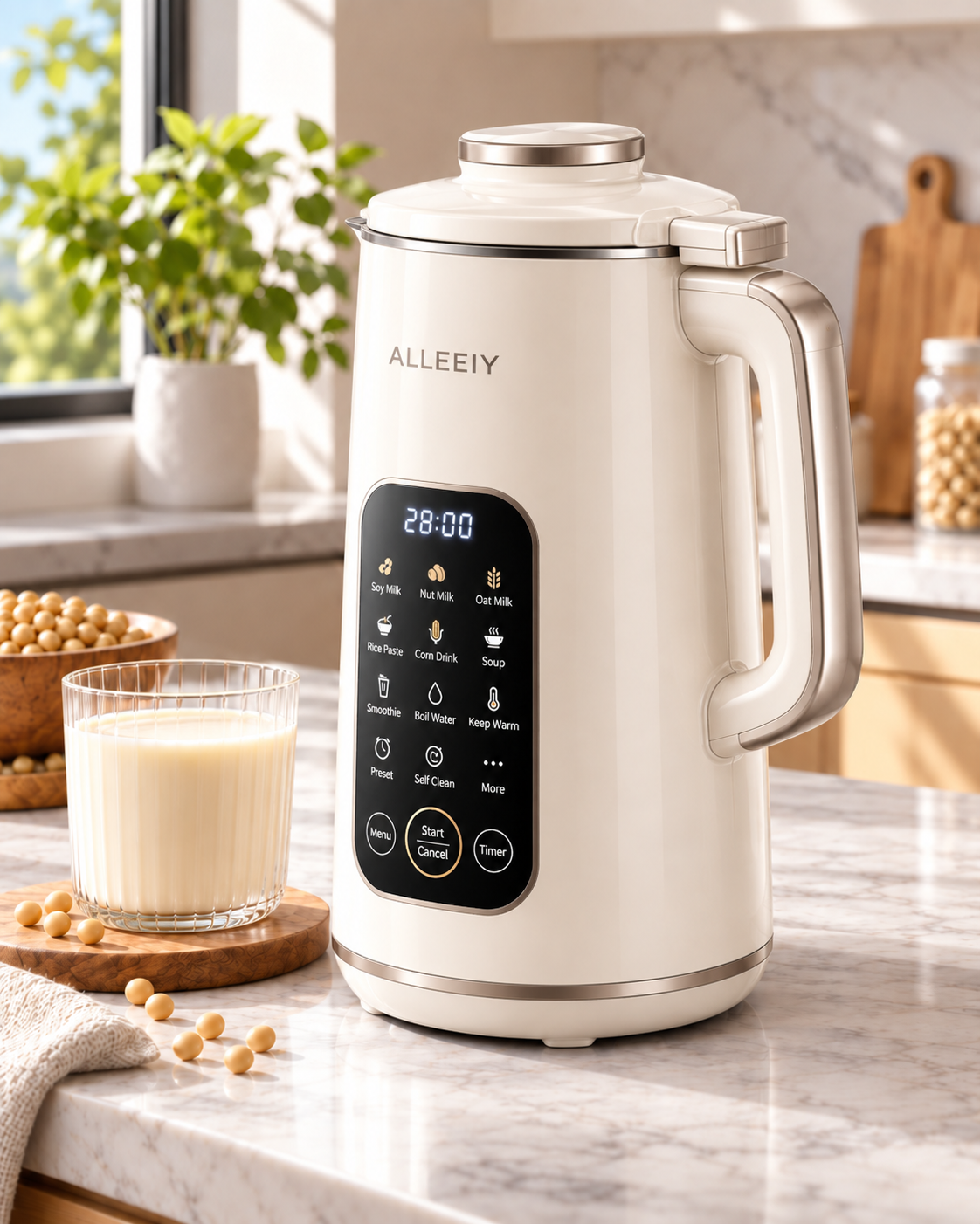 ALLEEIY® SoyPure Nova 12-in-1 Smart Soy Milk Maker – Ultra-Quiet Filter-Free Blending, No-Soak Dry Bean Grinding, 24H Preset Timer, Keep-Warm & Auto Self-Cleaning ✨