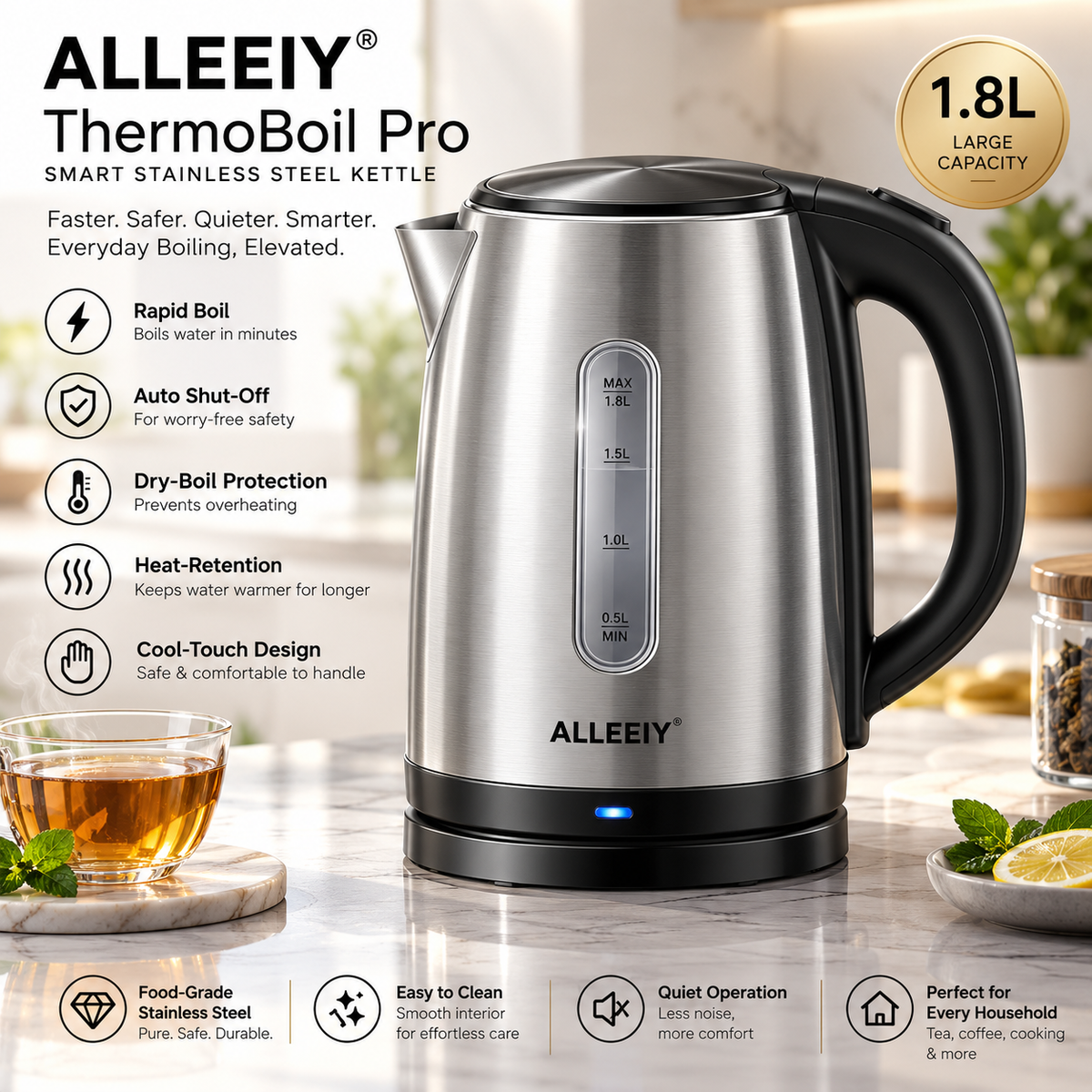 ALLEEIY® ThermoBoil Pro 1.8L Smart Stainless Steel Kettle – Rapid Boil, Auto Shut-Off, Dry-Boil Protection, Heat-Retention & Cool-Touch Safety Design 🥛